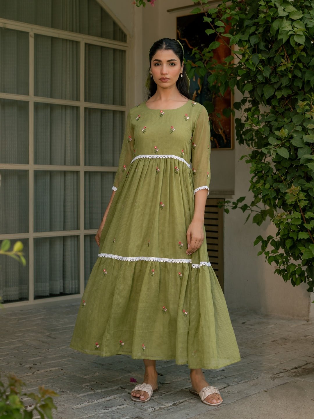 Mint Grace Dress in Kota Doriya Fabric with Embroidery
