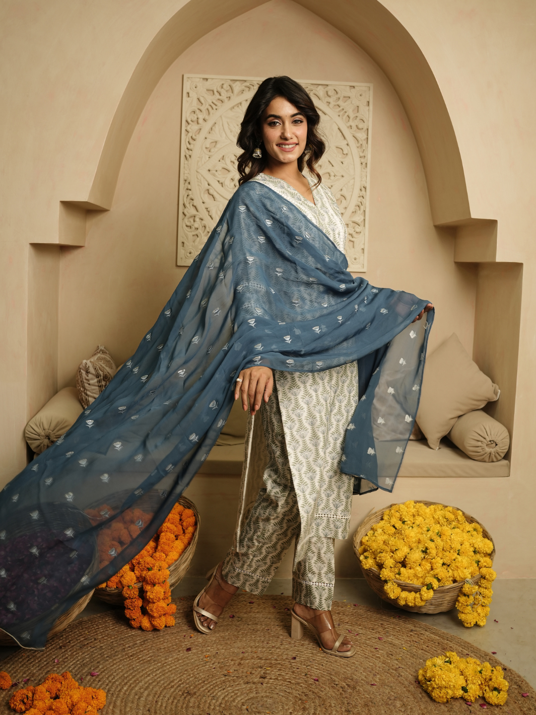 Blue Hand Block Chanderi Kurta Set
