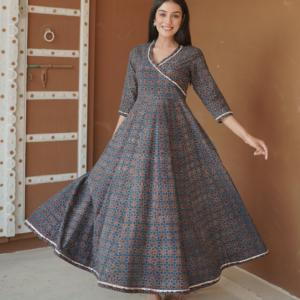 Alternative view of Indigo Ajrakh printed Anarkali Kurta