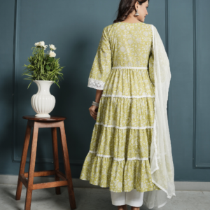 Alternative view of Green White Lace Anarkali Kurta with Pants And Dupatta
