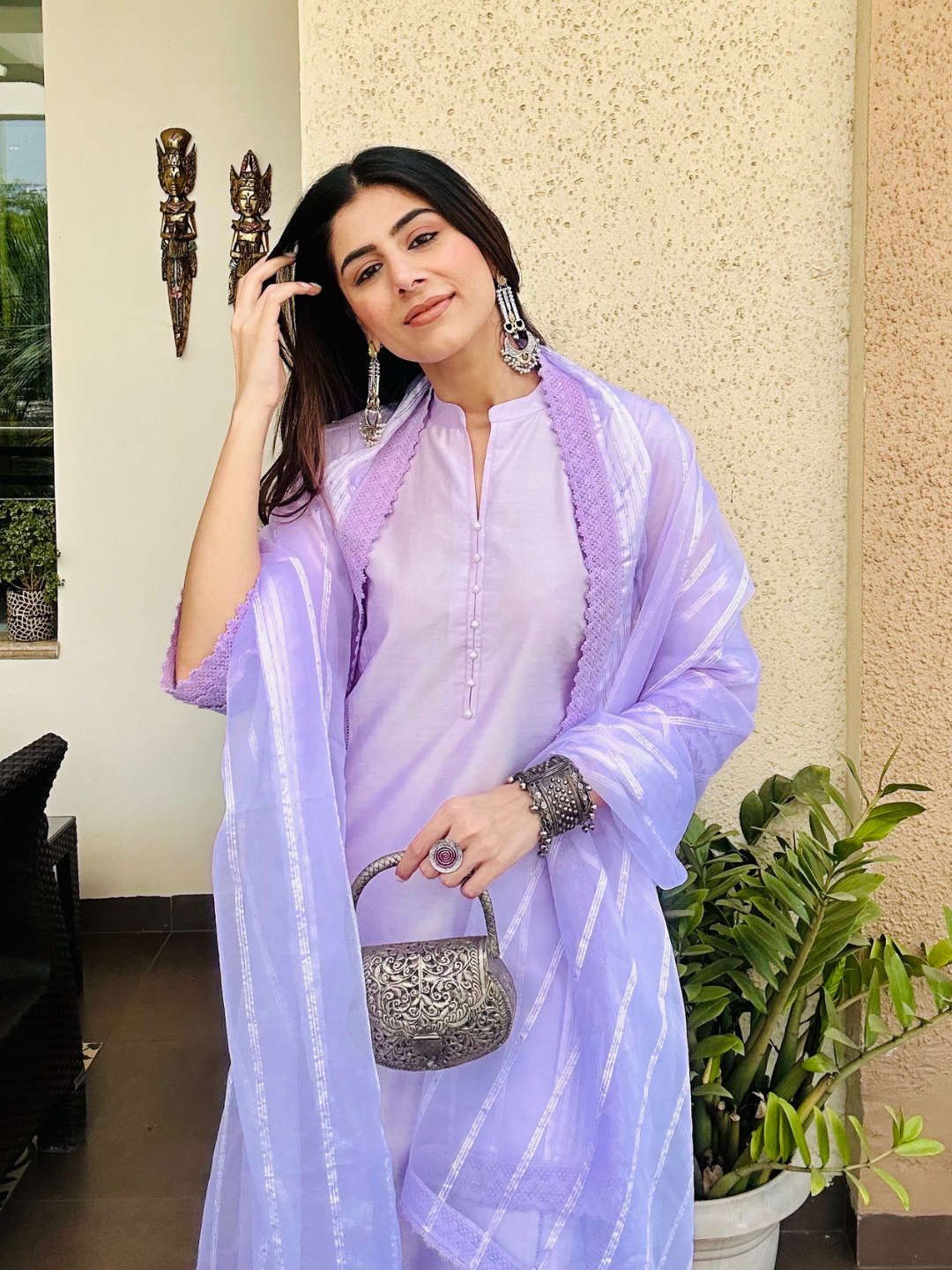 Lilac Chanderi Kurta Set With Dupatta & Pants - Image 2