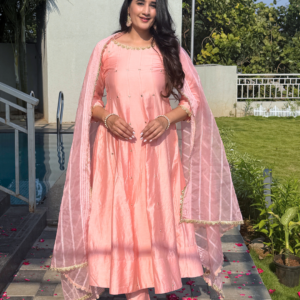 Pink Chanderi Anarkali  Kurta Set With Organza Dupatta