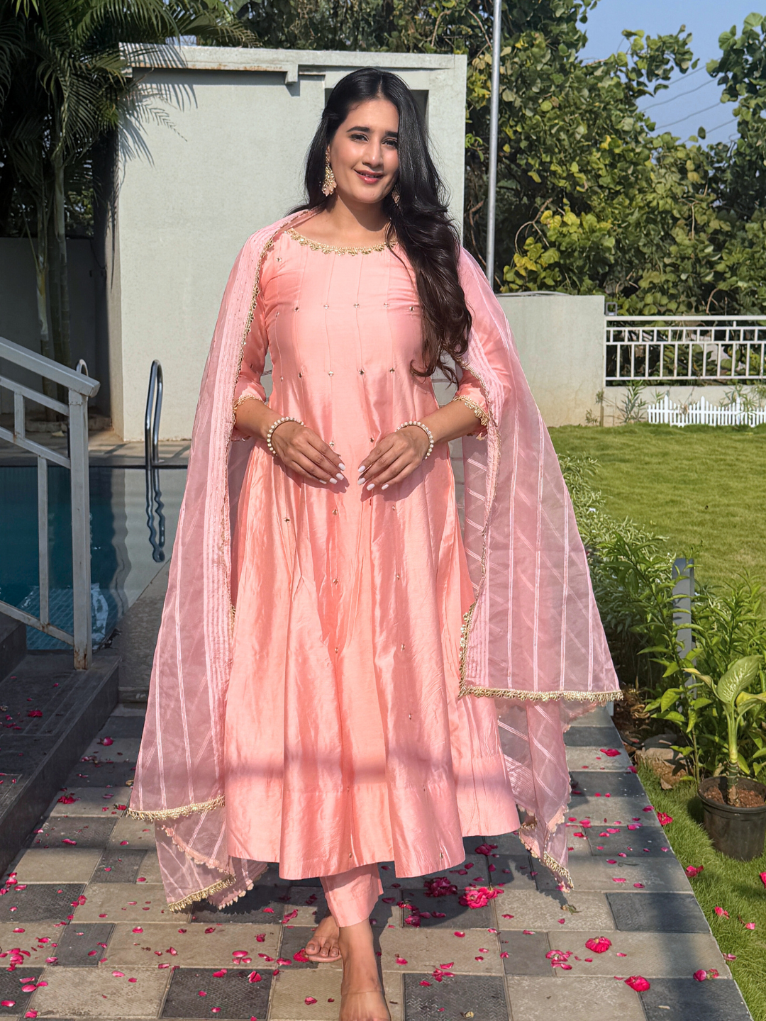 Pink Chanderi Anarkali  Kurta Set With Organza Dupatta