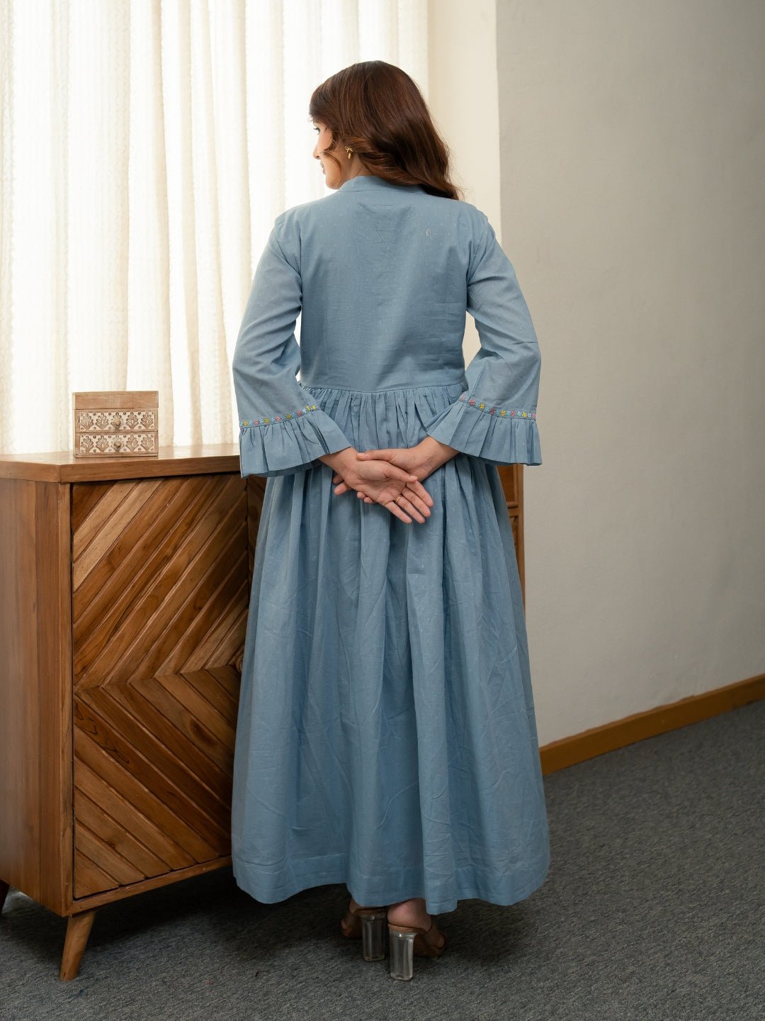 Dobby Blue Dress with Embroidery - Image 2