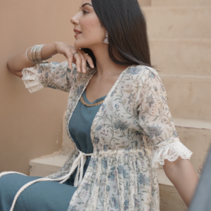 Chanderi Block Print Shrug with Inner Dress - Image 3