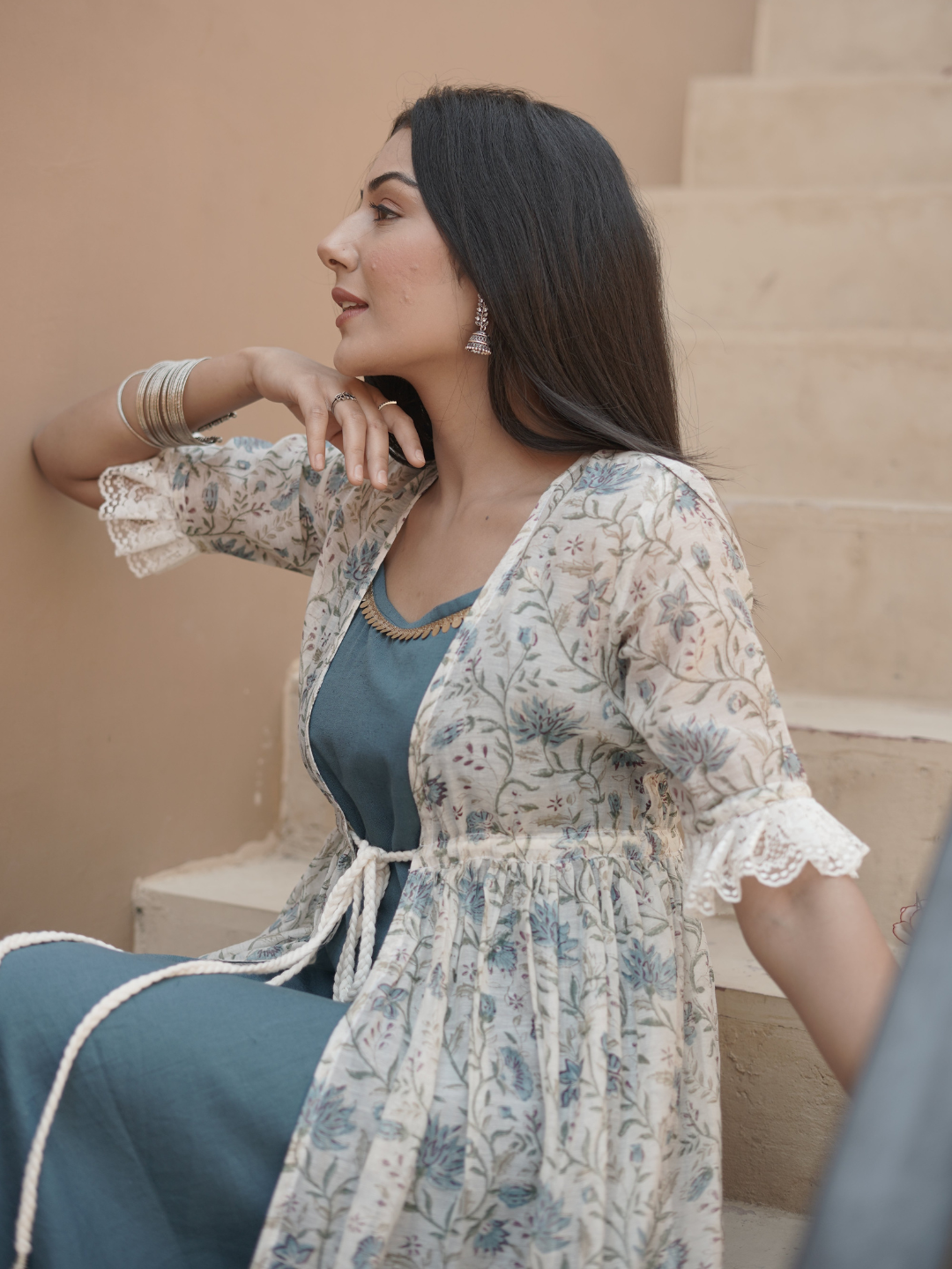Chanderi Block Print Shrug with Inner Dress - Image 3