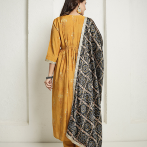 Alternative view of Muslin Yellow Anarkali  Kurta with Black Banhdej Dupatta