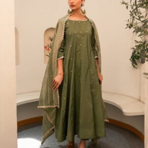 Alternative view of Green Chanderi Anarkali Kurta Set With Dupatta And Pants