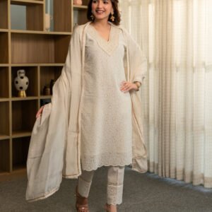 Schiffli Kurta Set with Dupatta and Pants