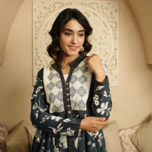 Blue and Beige Block Print Cotton Dress - Image 4