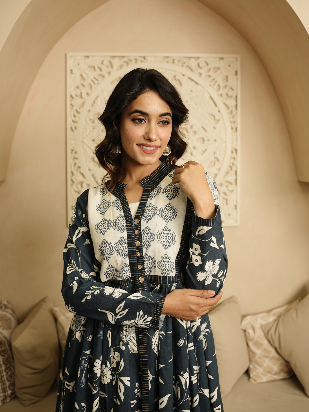 Blue and Beige Block Print Cotton Dress - Image 4