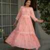 Pink Mist Dress in Kota Doriya Fabric with Embroidery