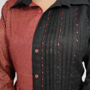 Red Block Print and Black Dress with Detailing - Image 3