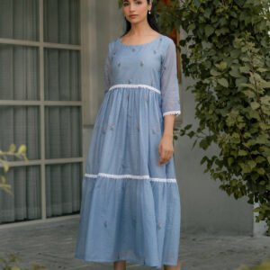 Blue Breeze Dress in Kota Doriya Fabric with Embroidery - Image 5