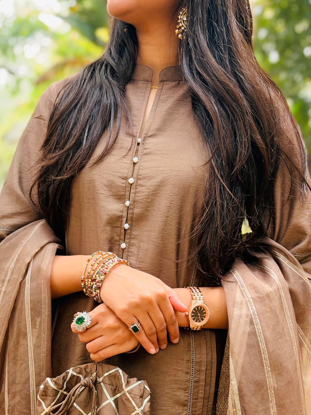 Brown Chanderi Kurta Set With Dupatta And Pants - Image 4