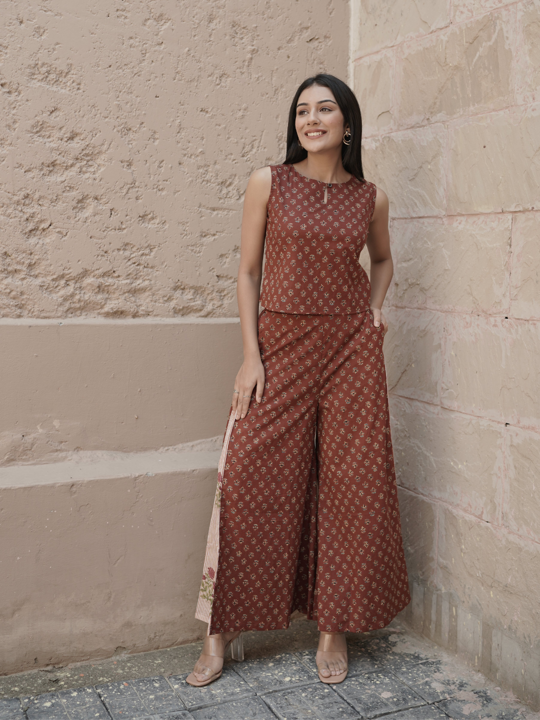 Block Printed Co-ord Top and Palazzo with Shrug - Image 6