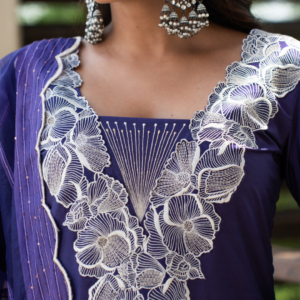 Blue Chanderi Kurta Set With Embroidery - Image 3