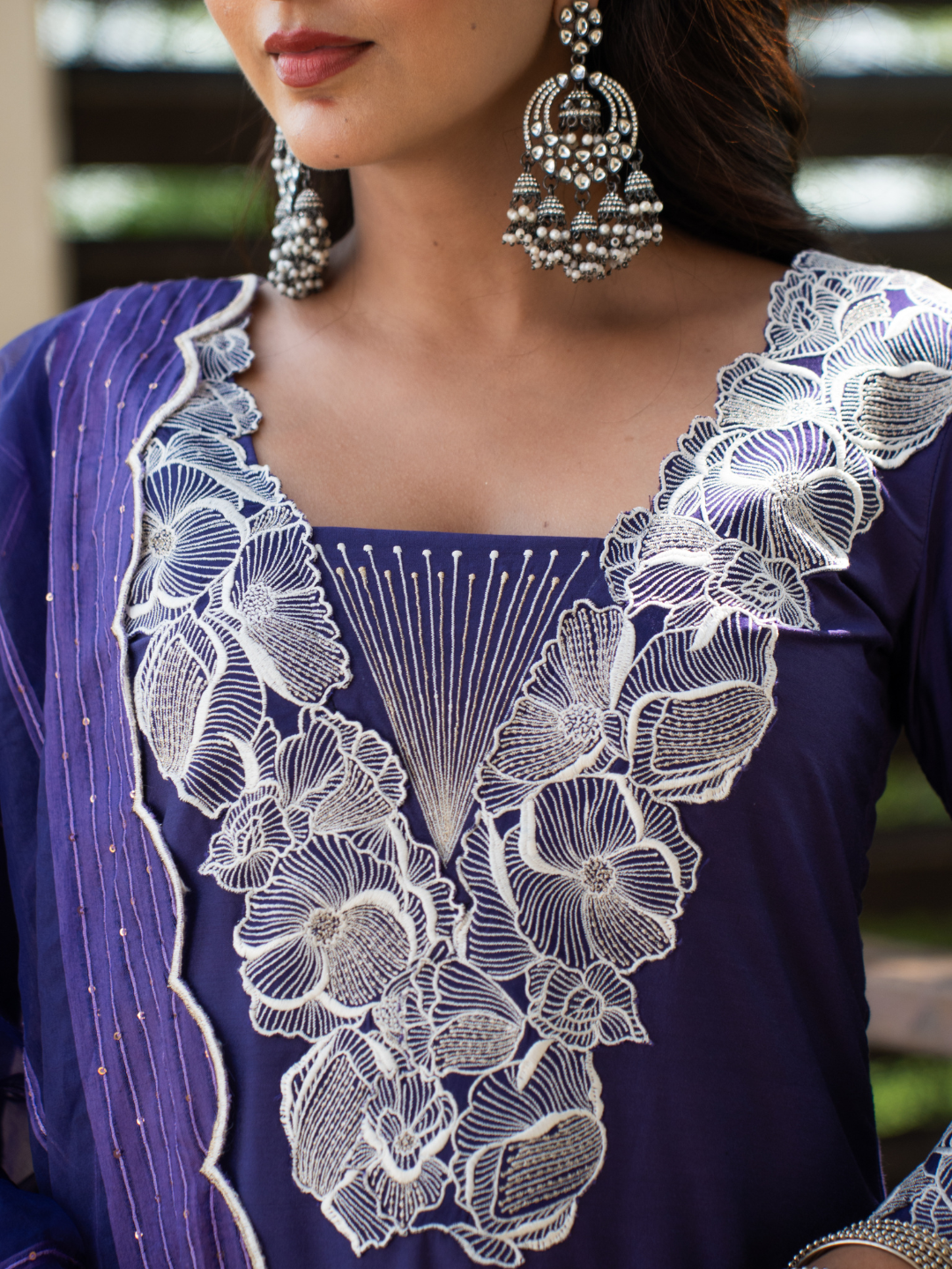 Blue Chanderi Kurta Set With Embroidery - Image 3