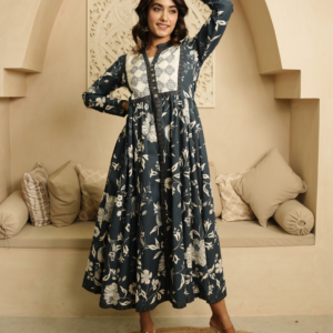 Blue and Beige Block Print Cotton Dress - Image 5