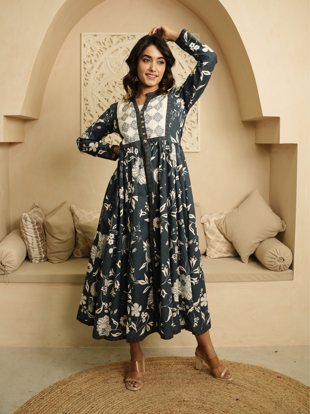 Blue and Beige Block Print Cotton Dress - Image 5