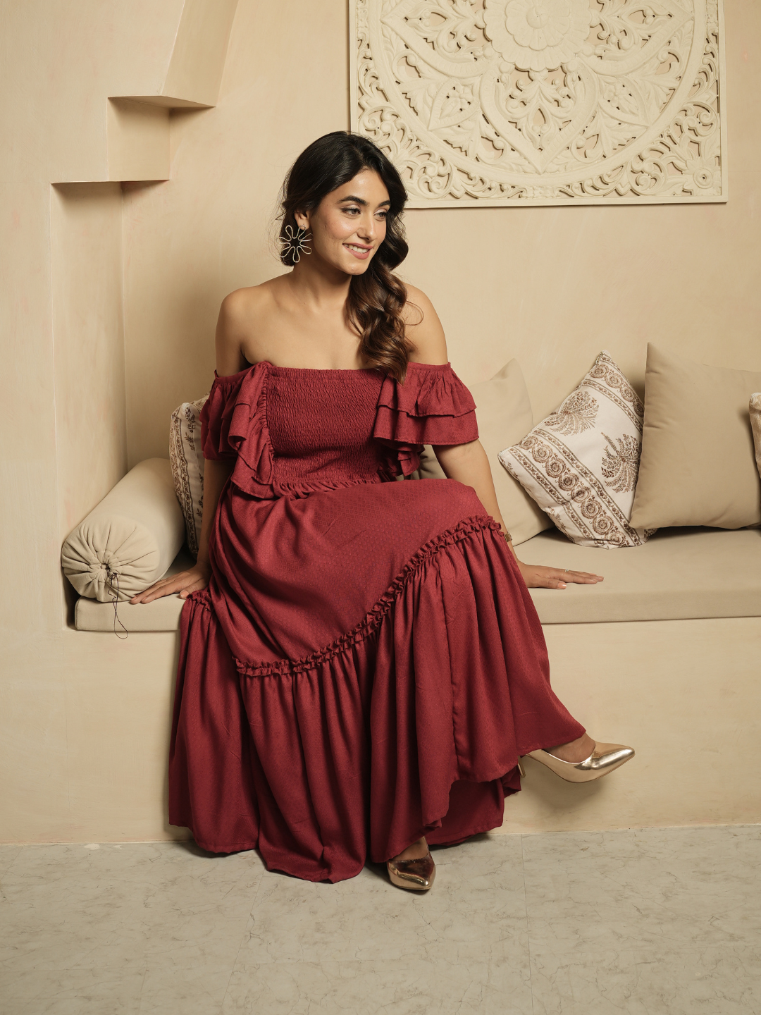 Whimsical Whirl Maroon Dress - Image 4