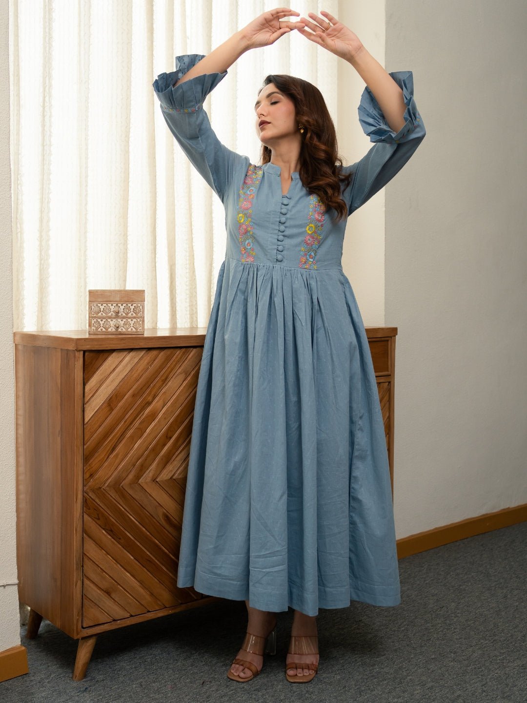 Dobby Blue Dress with Embroidery - Image 5