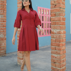 Red Cotton Linen Short Dress