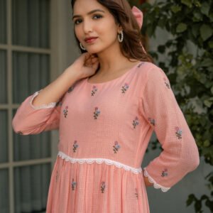 Pink Mist Dress in Kota Doriya Fabric with Embroidery - Image 6
