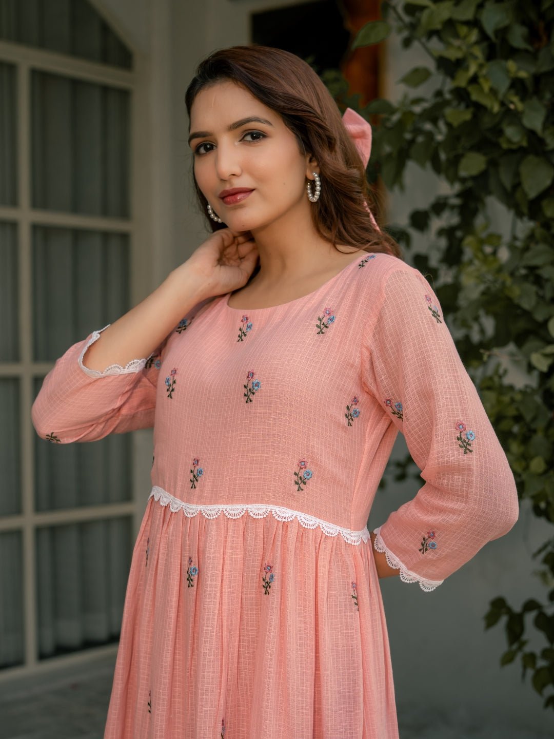 Pink Mist Dress in Kota Doriya Fabric with Embroidery - Image 6