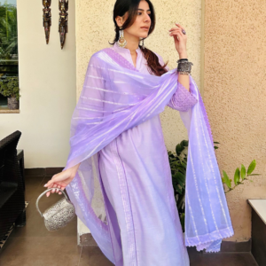 Lilac Chanderi Kurta Set With Dupatta & Pants - Image 3