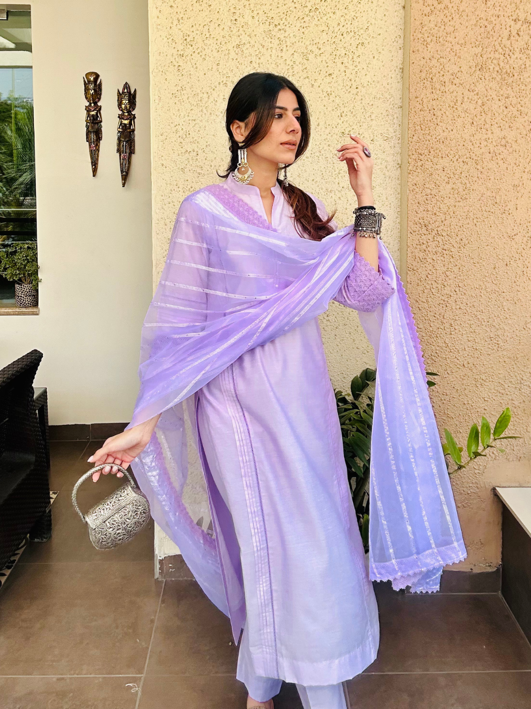 Lilac Chanderi Kurta Set With Dupatta & Pants - Image 3