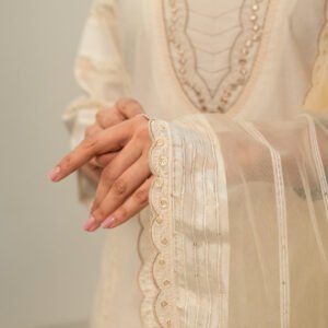 Chanderi Embroidery Pintucks Kurta with Dupatta and Pants - Image 3