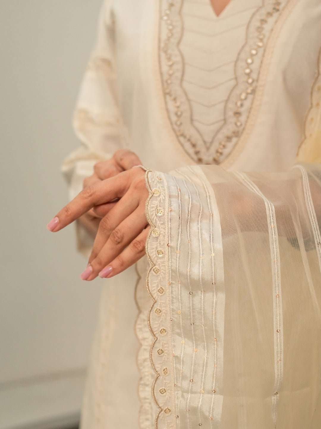 Chanderi Embroidery Pintucks Kurta with Dupatta and Pants - Image 3