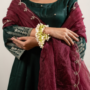 Velvet Satin Green Anarkali With Dupatta And Pants - Image 3