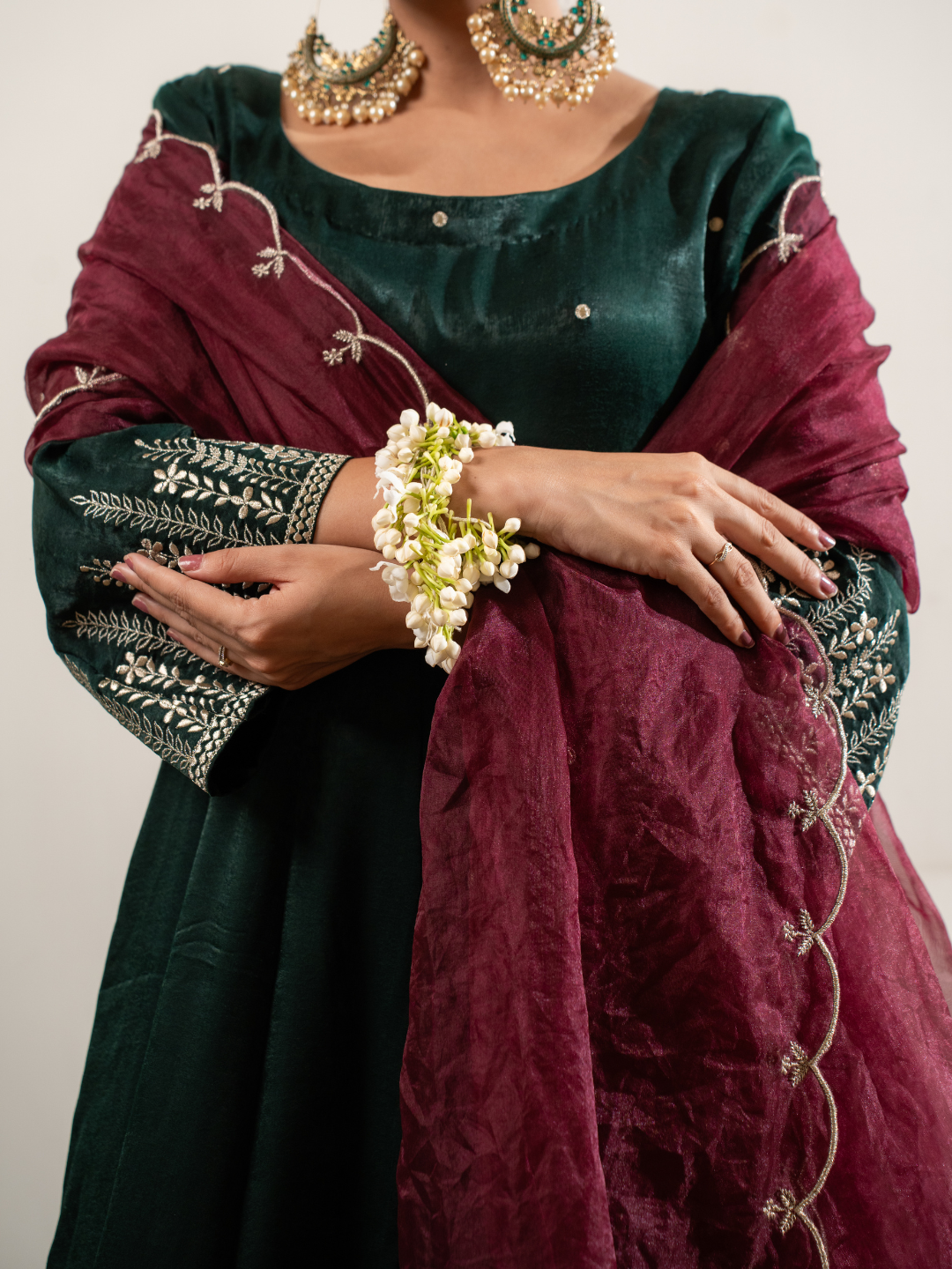 Velvet Satin Green Anarkali With Dupatta And Pants - Image 3