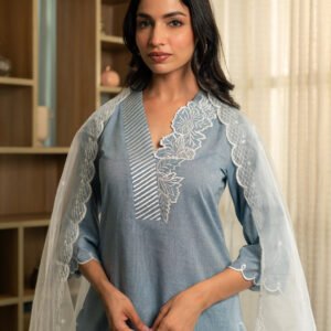 Chambray Embroidered Kurta Set with Dupatta and Pants - Image 5