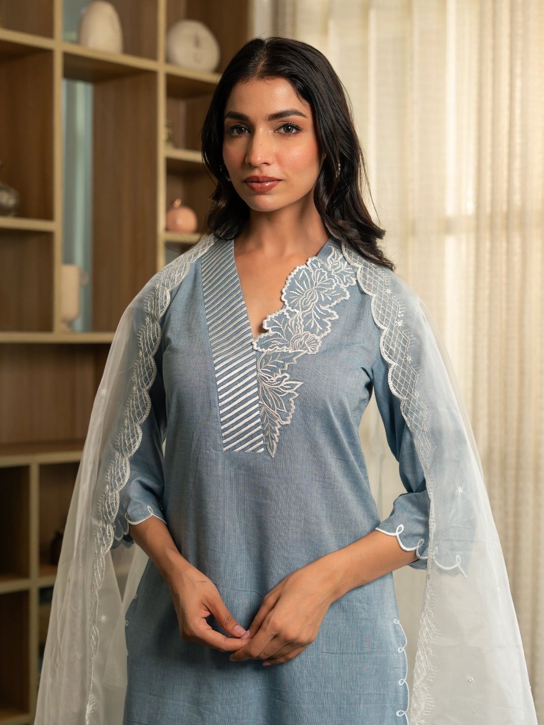 Chambray Embroidered Kurta Set with Dupatta and Pants - Image 5