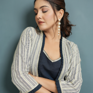 Indigo Crop Top And Pant with Cotton Linen Shrug - Image 3