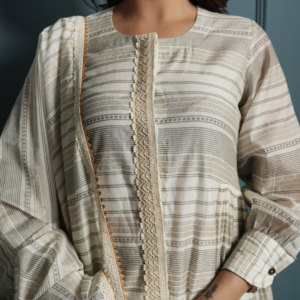 Block Print Golden Stripe Kurta with Pants and Dupatta - Image 3