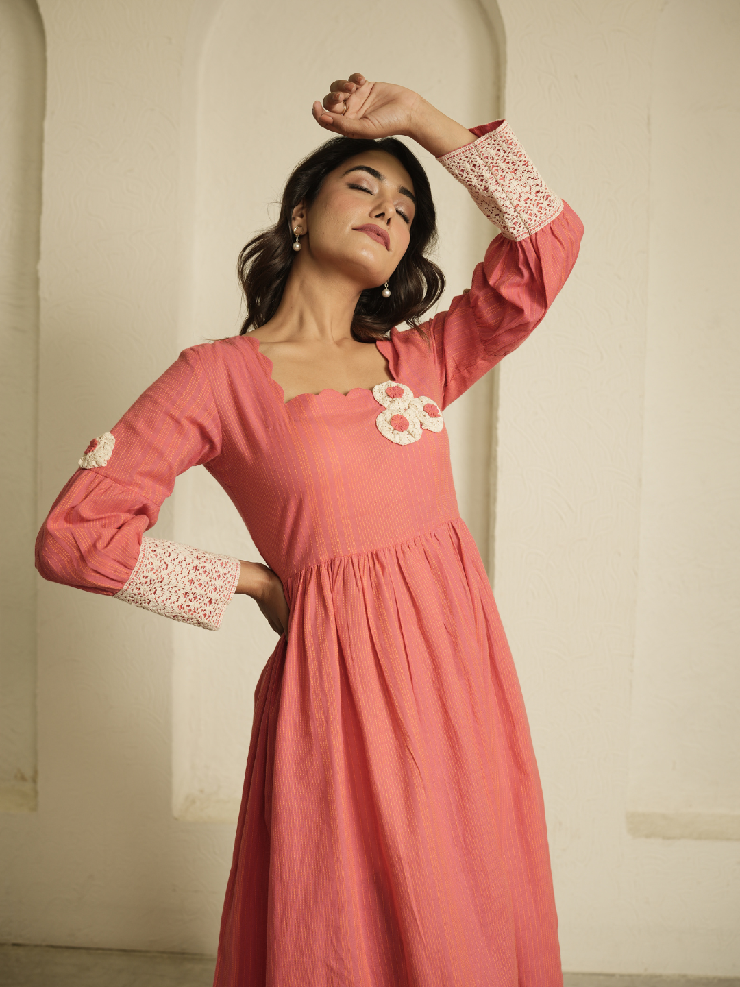 Coral Dress with Lace Detailing - Image 6