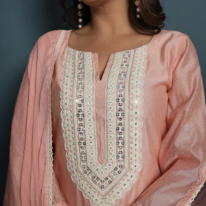 Pastel Pink Chanderi Kurta with Pants and Dupatta - Image 3