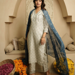 Blue Hand Block Chanderi Kurta Set - Image 6