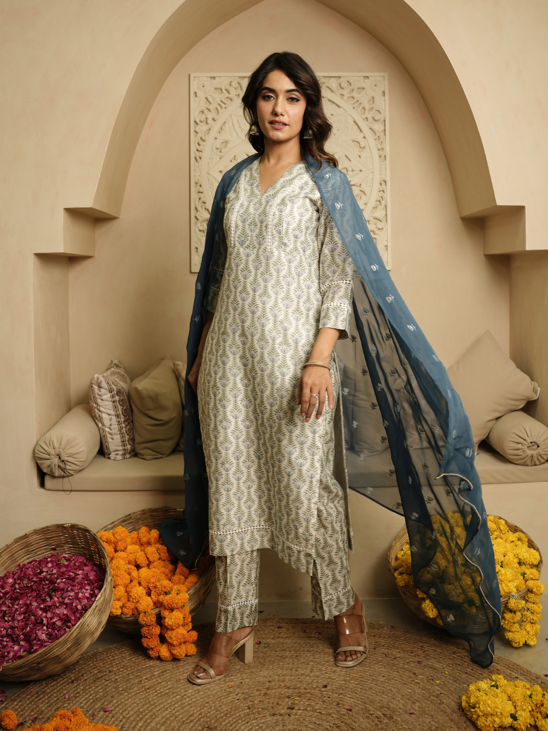 Blue Hand Block Chanderi Kurta Set - Image 6