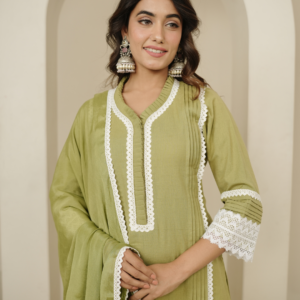 Sage Green Kurta With Dupatta And Pants - Image 4