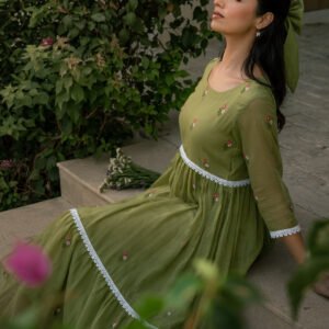 Mint Grace Dress in Kota Doriya Fabric with Embroidery - Image 2