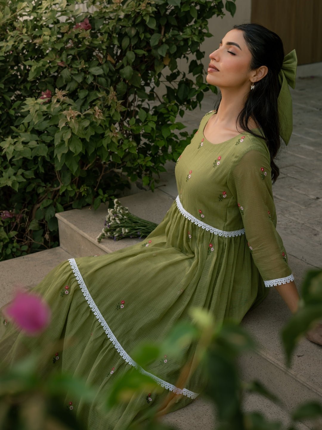 Mint Grace Dress in Kota Doriya Fabric with Embroidery - Image 2