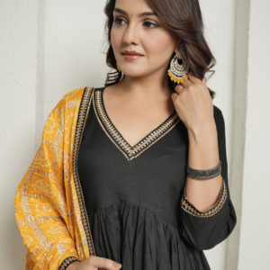 Black Kurta and Pants with Yellow Bandhej Dupatta - Image 4