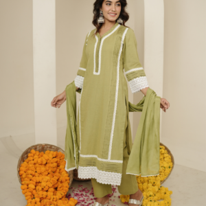Sage Green Kurta With Dupatta And Pants - Image 6