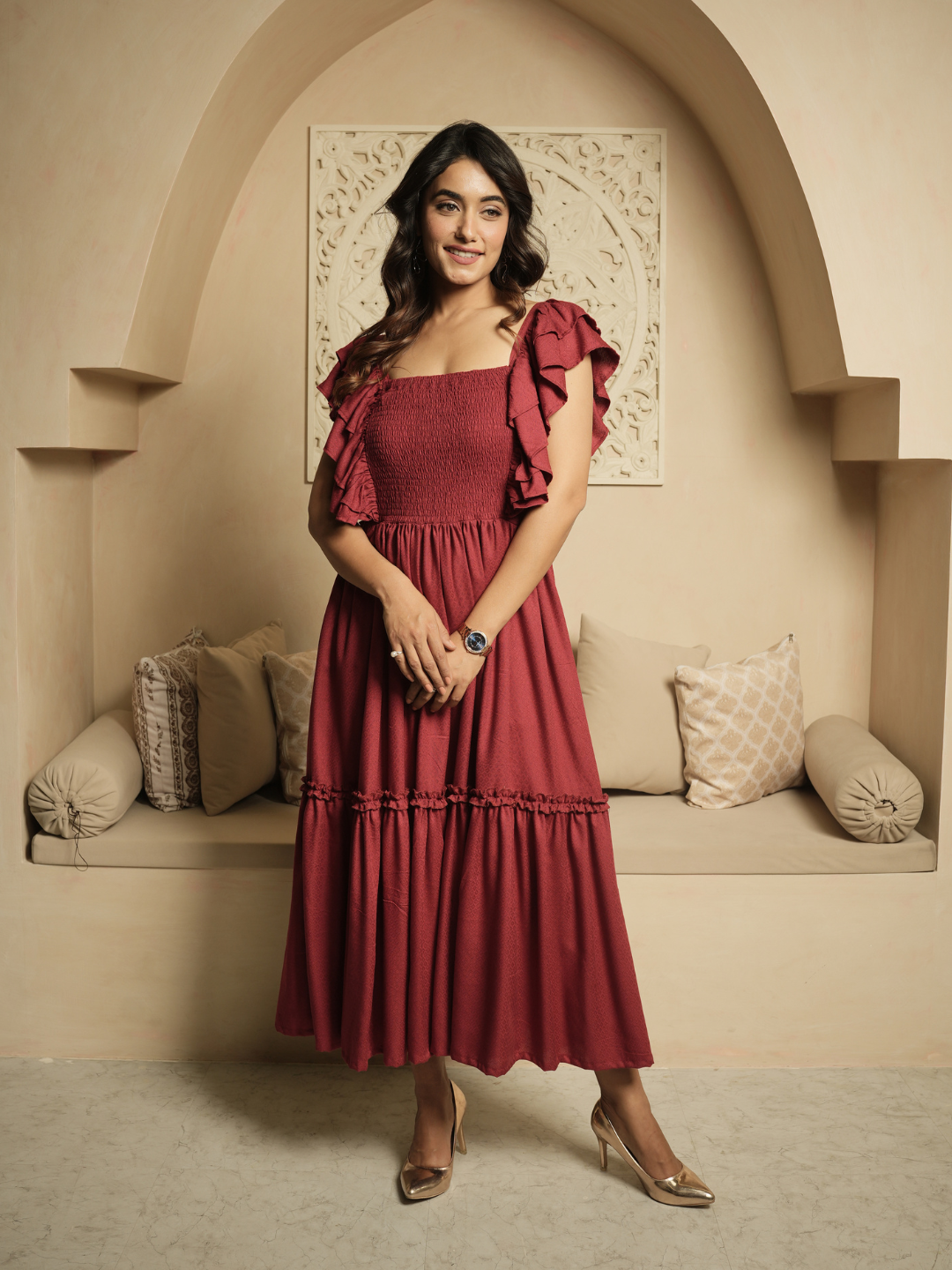 Whimsical Whirl Maroon Dress - Image 5