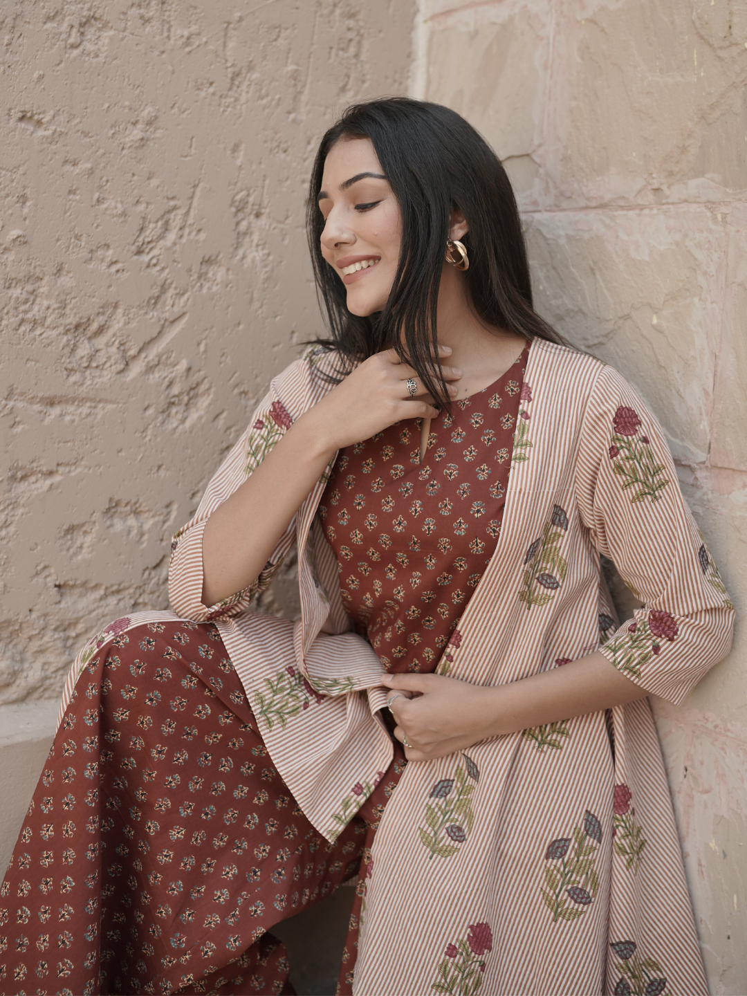Block Printed Co-ord Top and Palazzo with Shrug - Image 4